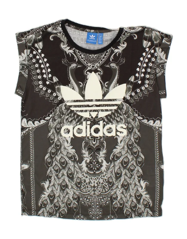 ADIDAS Womens Loose Fit Graphic T-Shirt Top UK 10 Small Grey Paisley Lace Blend Ribbed Blend Corduroy Blend