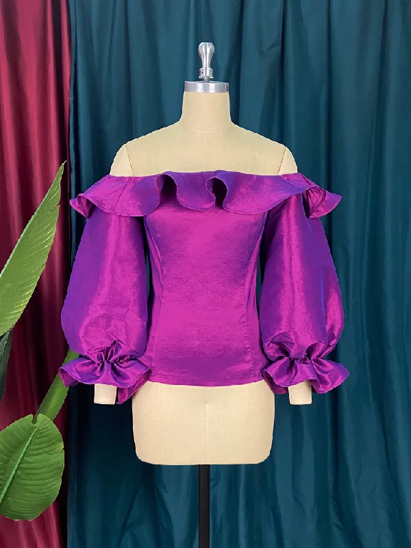 Shiny Purple Off Shoulder Ruffles Puff Sleeve Blouse Feminine Tie Blouse