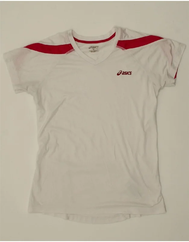 ASICS Womens Graphic T-Shirt Top UK 10 Small White Colourblock Polyester Collared Crew Neck Turtle Neck