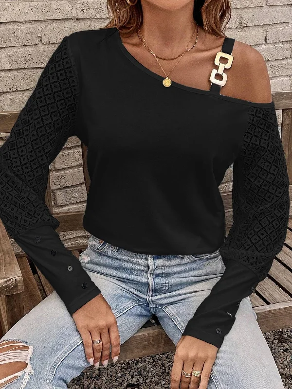 Asymmetrical Neck Lace Long Sleeve T-Shirt Elegant Classic Vintage