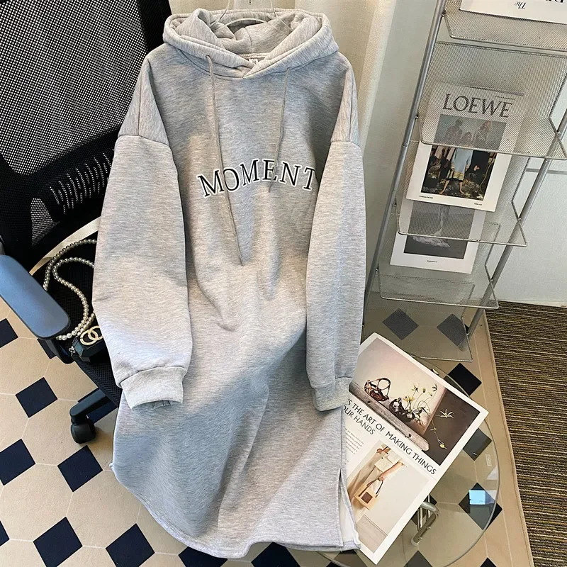 Autumn And Winter Women Loose Solid Color Thickened Letter Printed Long-Sleeved Hoodie Dress