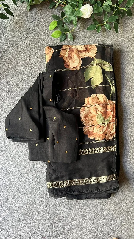 Black chiffon floral saree with handworked blouse Versatile Layering Blouse