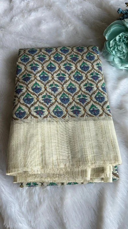 Blue floral cotton saree with blouse Lightweight Linen Blouse