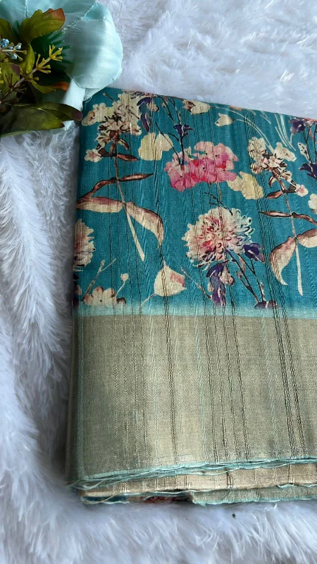 Blue floral silk saree with blouse Polished Work Blouse