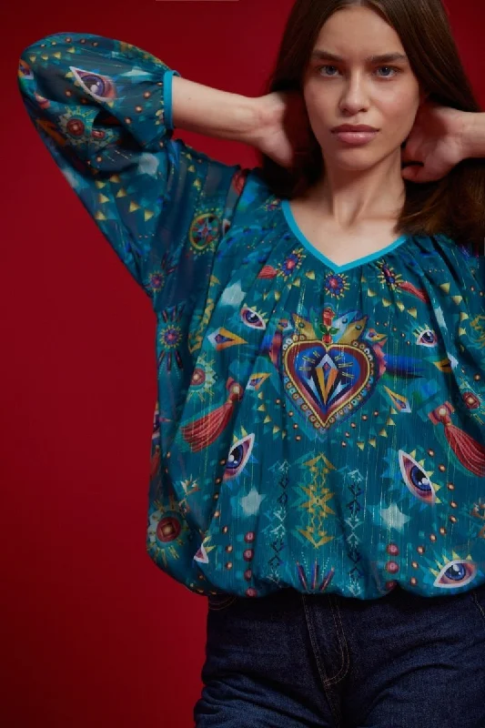 Blouse Heart Turquoise Opal Floral Print Blouse