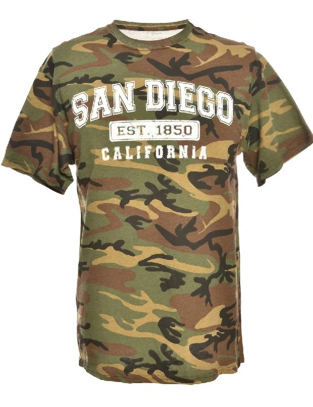 Camouflage Print Printed T-shirt - L Collared Crew Neck Turtle Neck