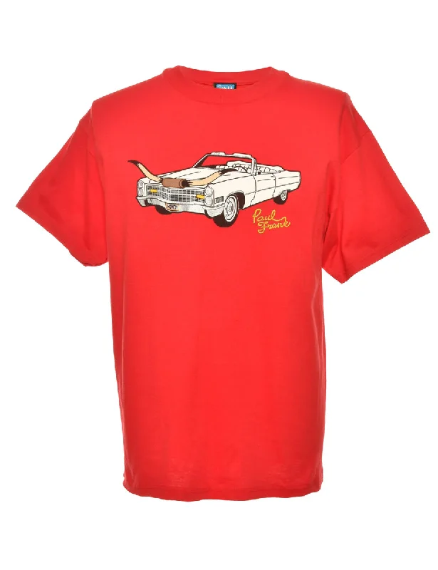 Car Print Red T-shirt - M Thin T-Shirt Open Front Quick Dry