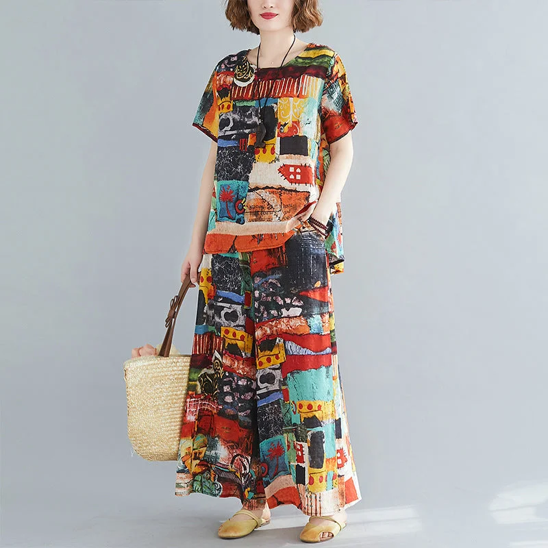 Casual Summer Short Sleeves Blouses and Pants Sets Soft Satin Blouse