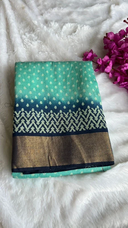 Cyan and blue cotton silk saree with blouse Ruched Sleeve Blouse