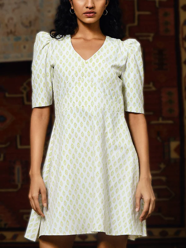 Daisy Linen Handblock Print Dress White