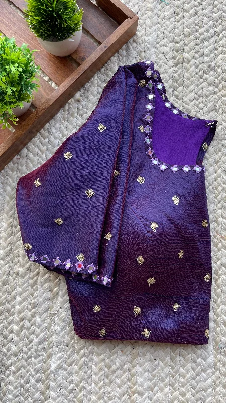 Deep purple silk hand made mirror worked blouse Embroidered Cotton Blouse