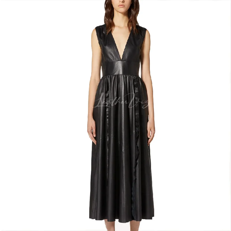 Deep V-Neck Long Black Leather Dress