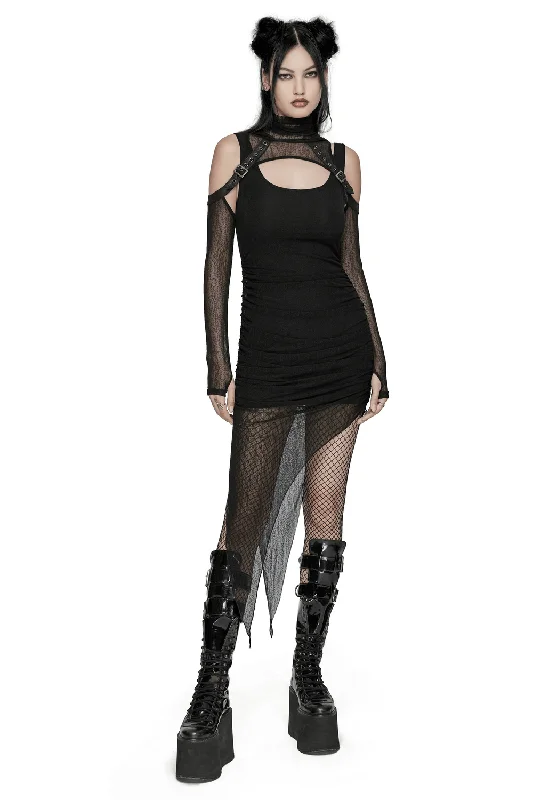 Edgy Hooded Wasteland Two-Piece Dress with Mesh Details