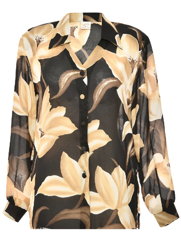 Floral Black Blouse - M Office Formal Blouse