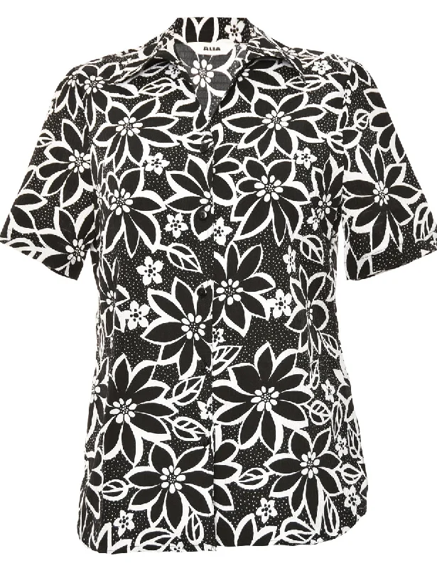 Floral Black & White Blouse - L Stylish Wrap Blouse