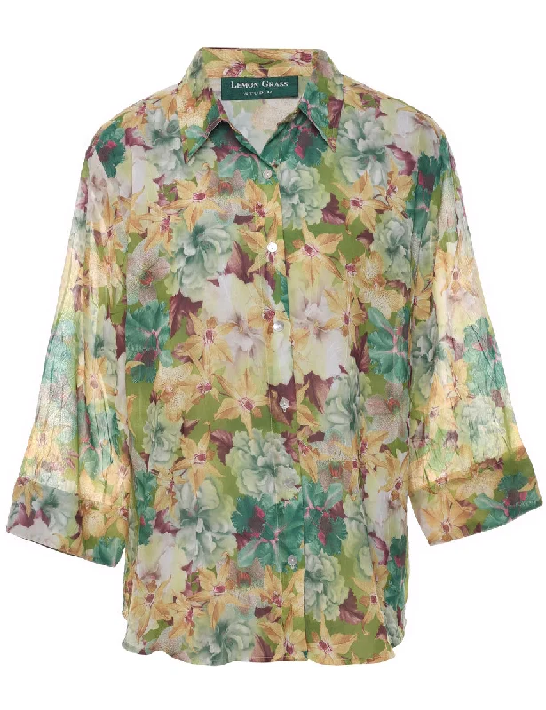 Floral Blouse - L Satin Long Blouse