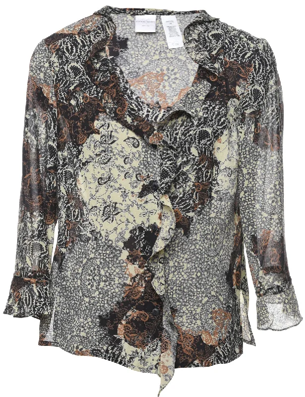 Floral Blouse - L Asymmetric Hem Blouse