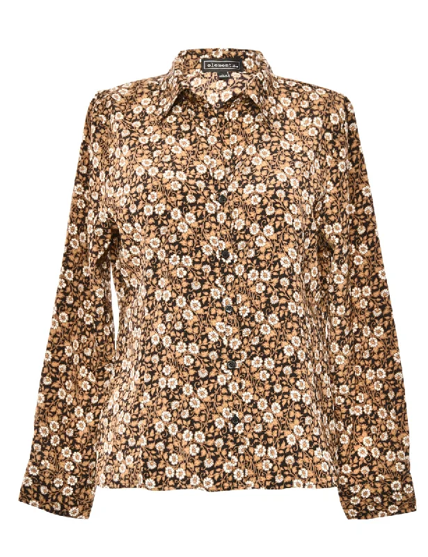 Floral Brown Blouse - L Sheer Mesh Blouse