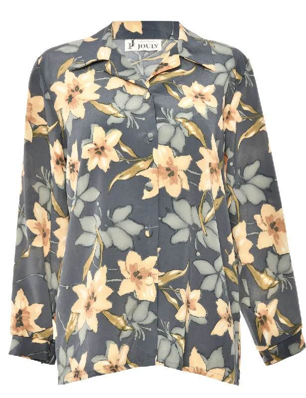 Floral Dark Grey & Pale Yellow Blouse - M Classic Striped Blouse