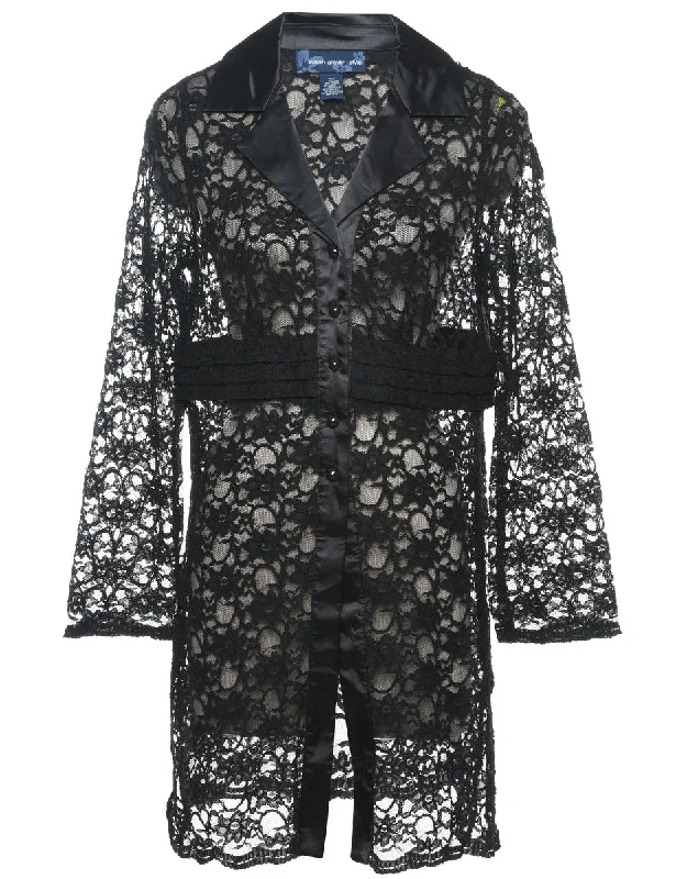 Floral Lace Black 1990s Evening Blouse - M Chic Wrap Blouse