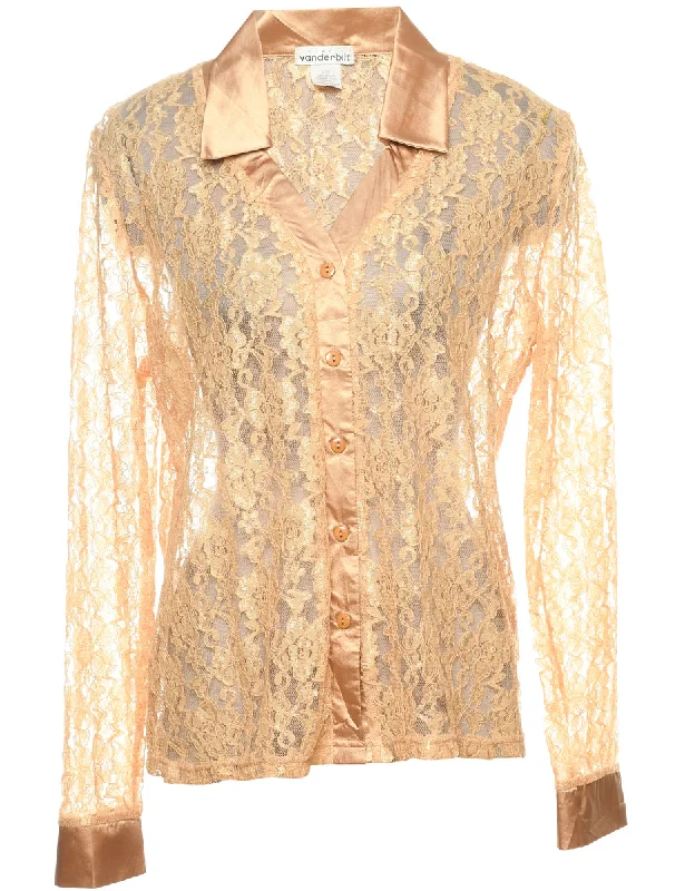Floral Lace Gold Evening Blouse - L Pastel Color Blouse