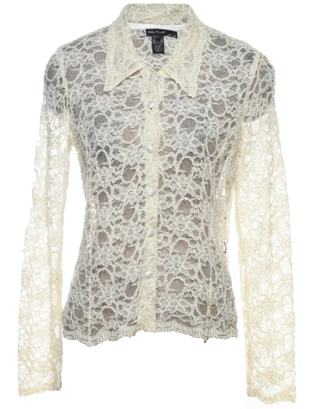 Floral Lace Off-White Evening Blouse - S Oversized Silk Blouse