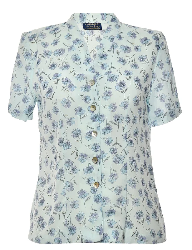 Floral Light Blue Blouse - M Sweetheart Neck Blouse