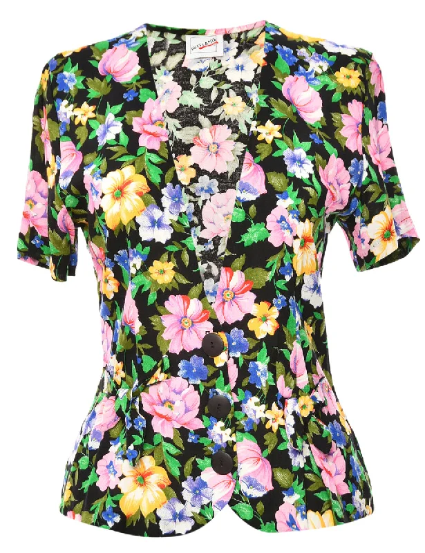 Floral Multi Colour Blouse - M Elegant Semi-Sheer Blouse