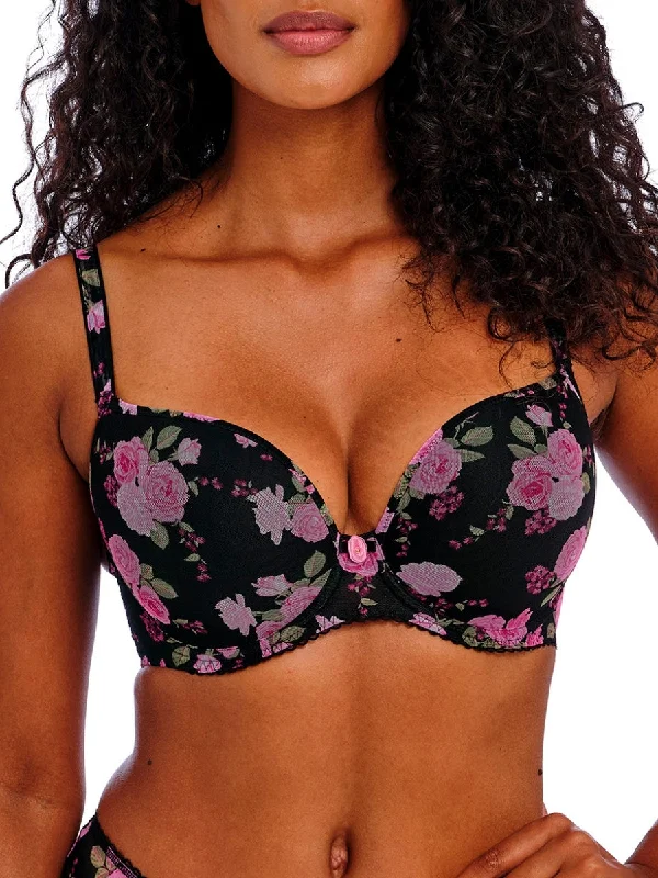 Rose Blossom Moulded Plunge T-Shirt Bra - Black Rose Print Jacquard Patchwork