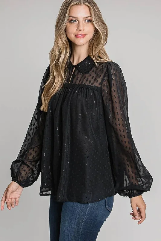 Geo Lurex Jacquard Blouse with Collar Balloon Sleeve Blouse