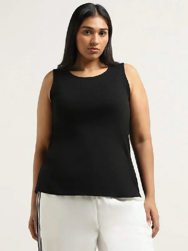 Gia Black Cotton Ribbed T-Shirt Solid Color Striped Floral