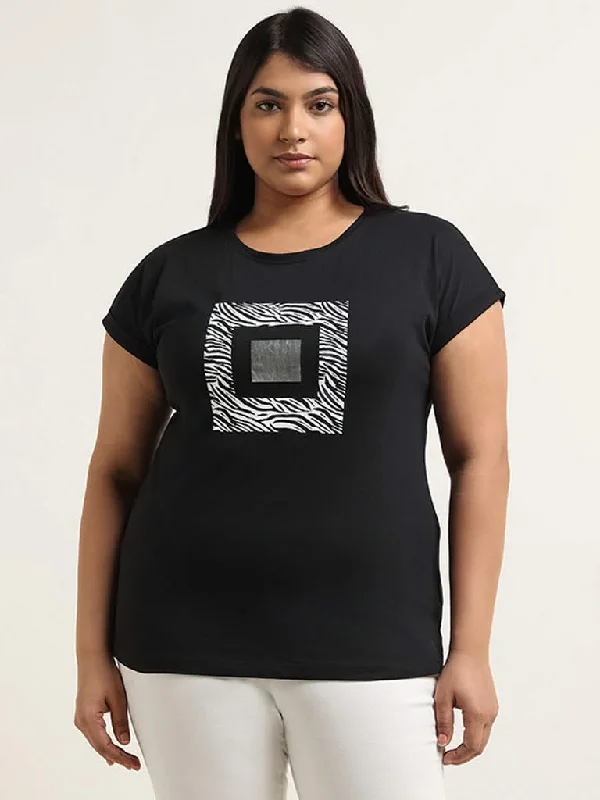 Gia Black Printed Cotton T-Shirt Polka Dot Checkered Tartan