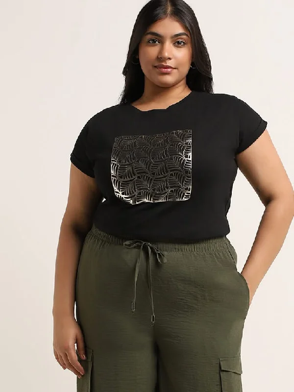 Gia Black Printed Cotton T-Shirt Collared Crew Neck Turtle Neck
