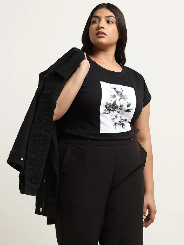 Gia Black Printed Cotton T-Shirt Polka Dot Checkered Tartan