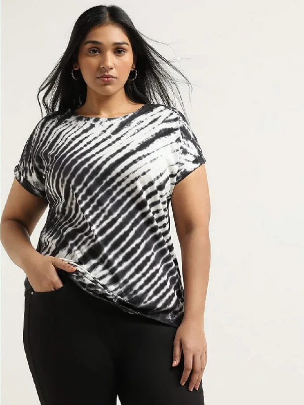 Gia Black Tie-Dye Printed T-Shirt Collared Crew Neck Turtle Neck