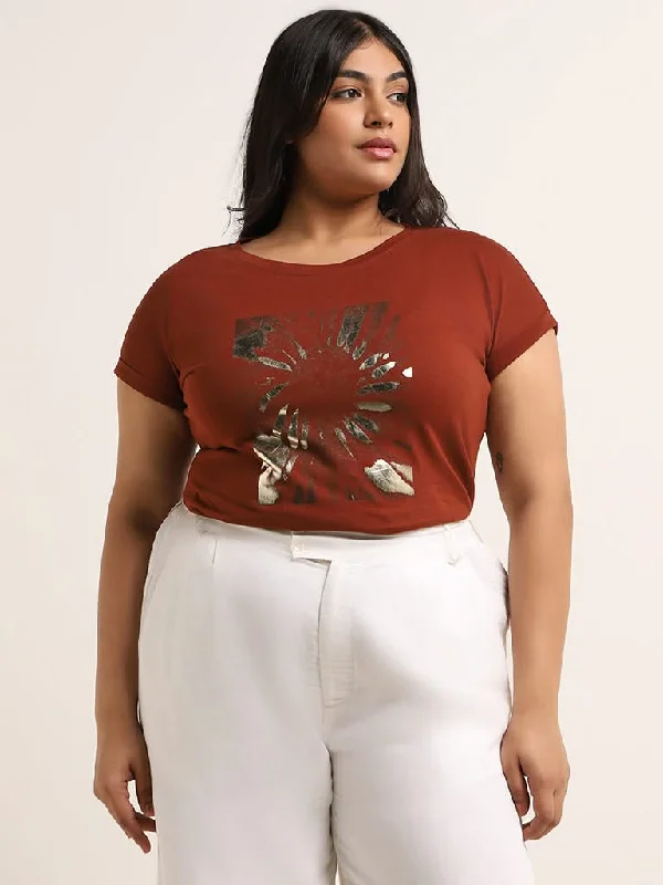 Gia Brown Printed Cotton T-Shirt Cashmere Blend Cotton Blend Poly Blend