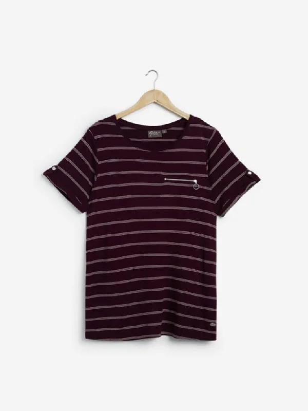 Gia Curves Maroon Striped Kane T-Shirt Chenille Brocade Lace