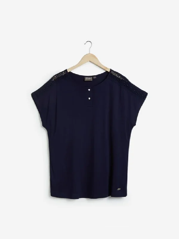 Gia Curves Navy Crochet Zeena T-Shirt Houndstooth Herringbone Solid