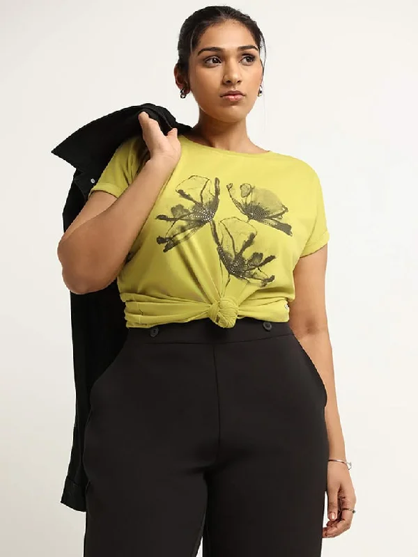 Gia Green Printed Cotton T-Shirt Front Pockets Side Pockets Patch Pockets