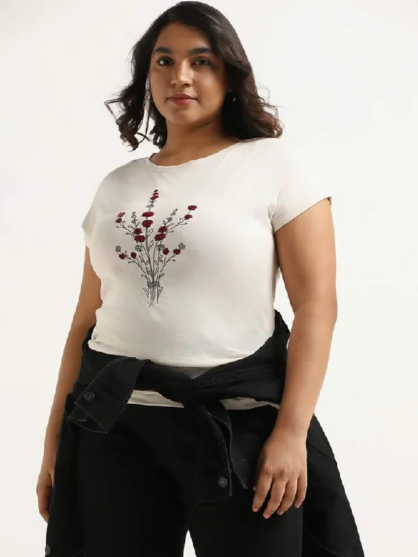 Gia Light Beige Embroidered Cotton T-Shirt Oversized T-Shirt Spandex breathable