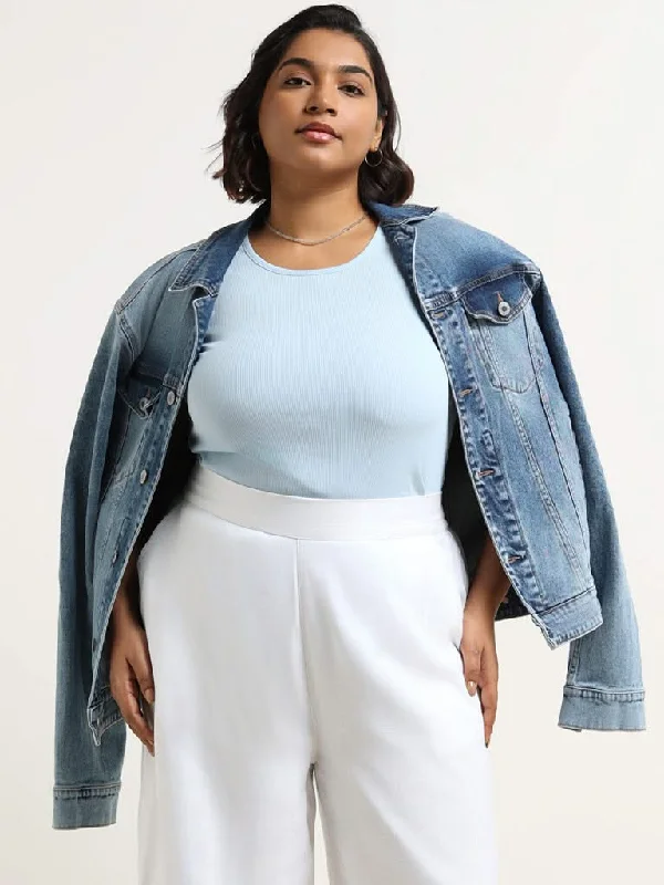 Gia Light Blue Cotton Blend Ribbed T-Shirt V-Neck T-Shirt Long Sleeve Cotton