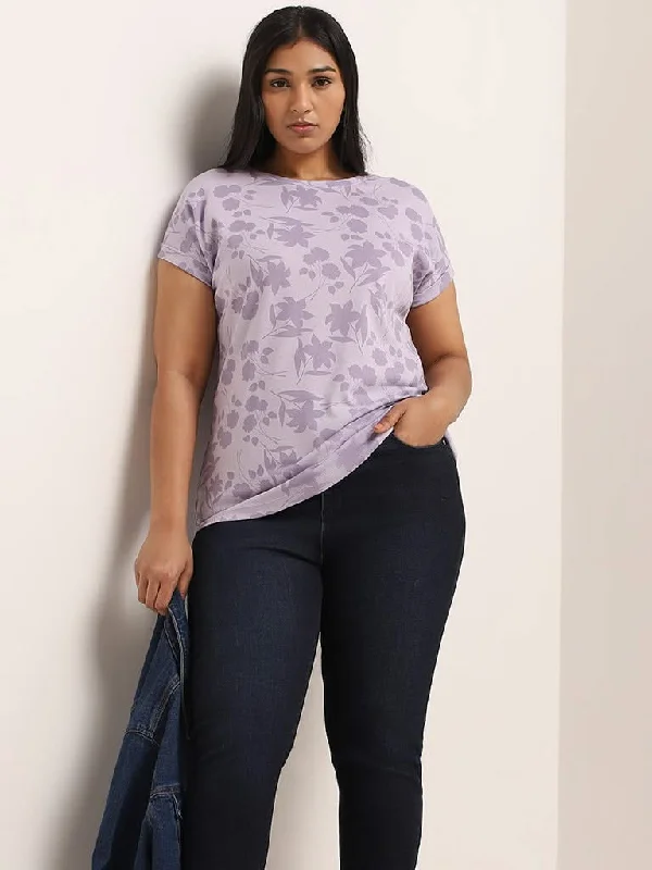 Gia Lilac Printed Cotton T-Shirt Ribbed T-Shirt High Neck Heavyweight