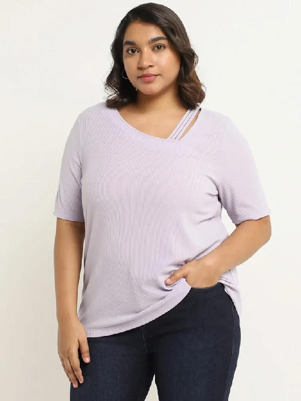 Gia Lilac Ribbed T-Shirt Collared T-Shirt Boat Neck A-Line