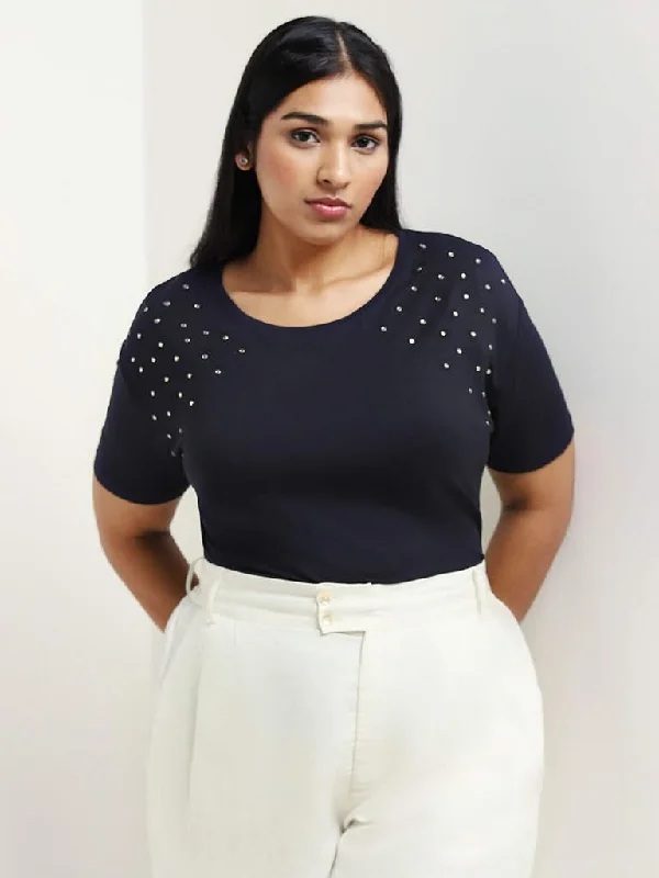 Gia Navy Embellished T-Shirt Zippered Front Buttoned Front Snap Front