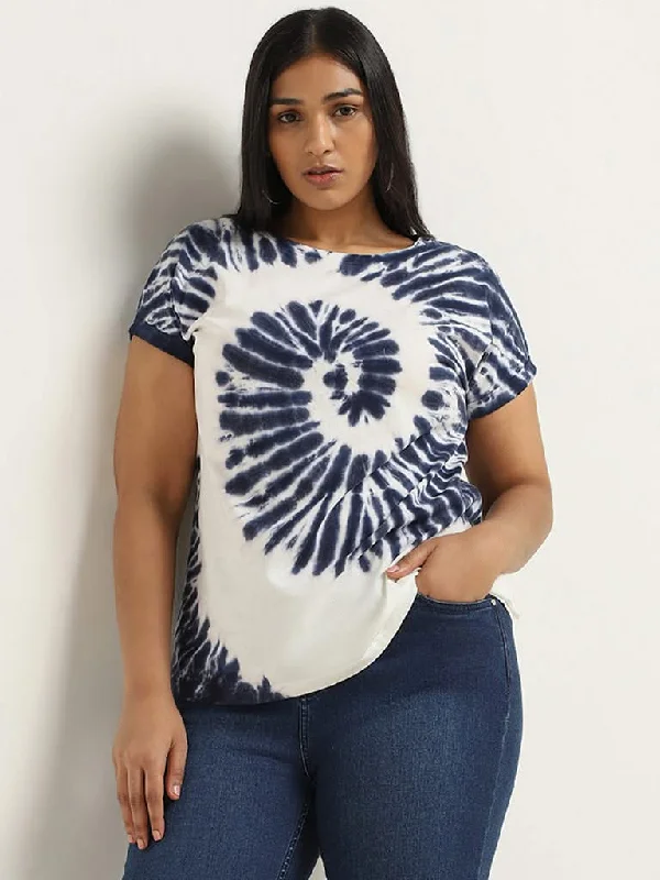 Gia Navy Tie-Dye Printed Cotton T-Shirt Mesh Fabric Canvas Fabric Denim Fabric