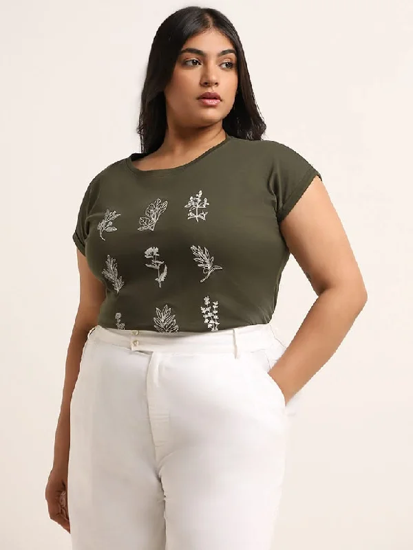 Gia Olive Green Printed Cotton T-Shirt Rayon Fabric Velvet Fabric Corduroy Fabric