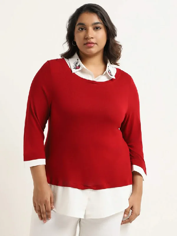 Gia Red Embroidered Cotton T-Shirt Silk Blend Satin Velvet