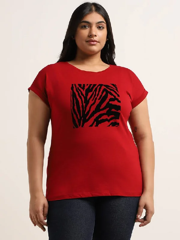 Gia Red Printed Cotton T-Shirt Polka Dot Checkered Tartan