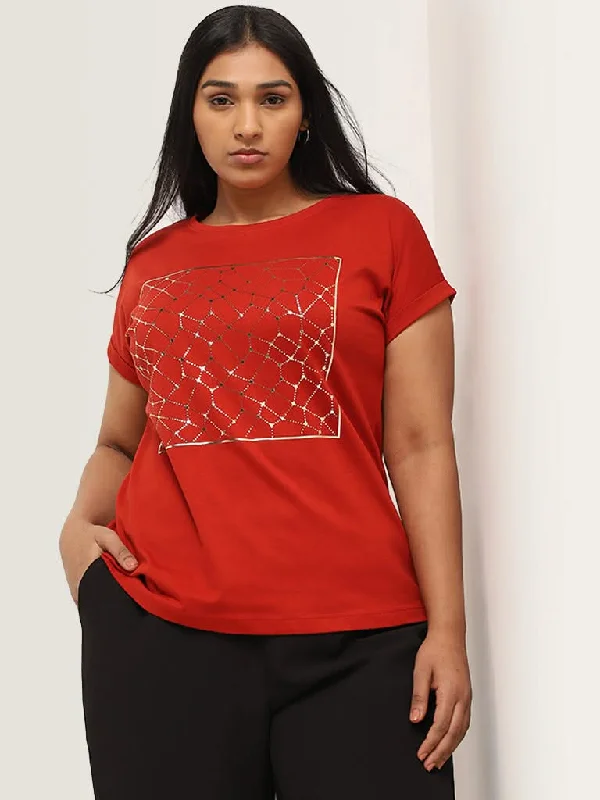 Gia Red Printed Cotton T-Shirt Mesh Blend Leather Blend Suede Blend