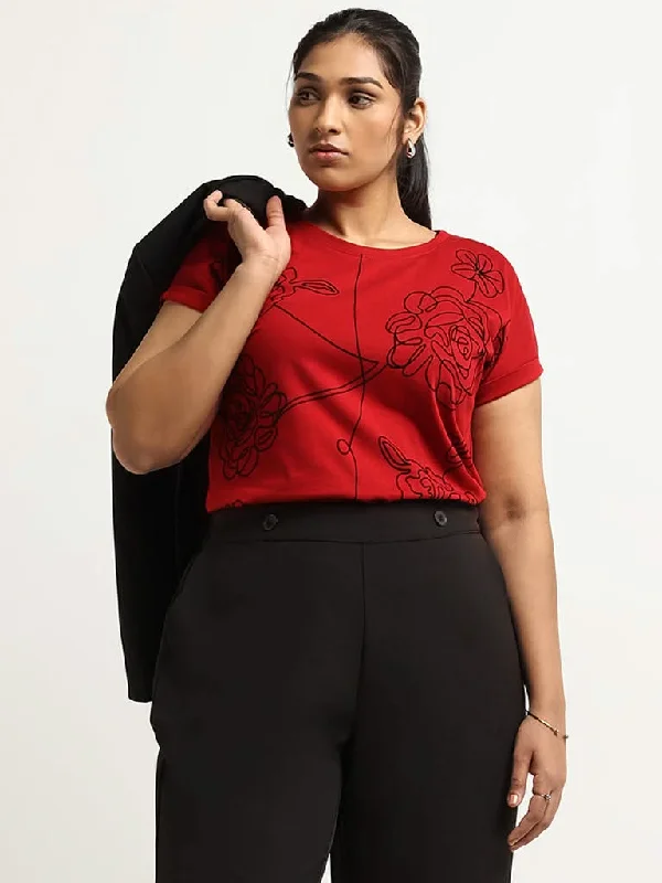 Gia Red Printed Cotton T-Shirt Collared Crew Neck Turtle Neck